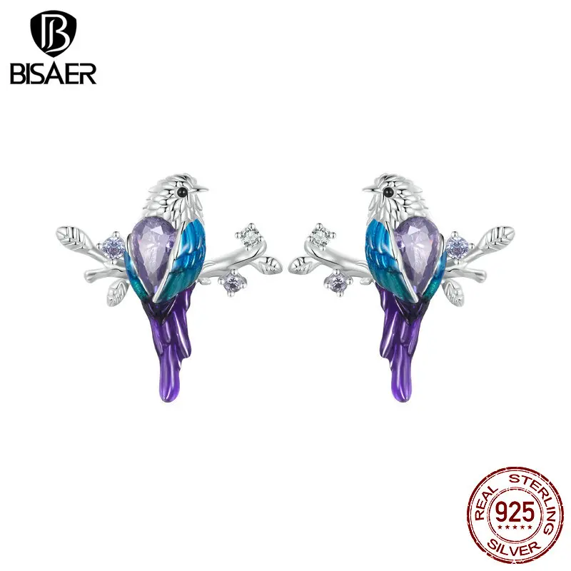 BISAER 925 Sterling Silver Bird Stud Earrings Enamel Animal Purple Zircon Ear Clip Plated Platinum For Luxury Woman Fine Jewelry