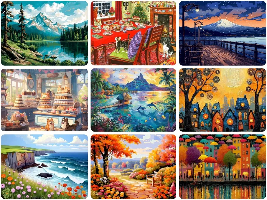 Cartoon Warm Town Mountain Lake Bakery Tropical Sea Autumn Landscape Diamond Painting, For Living Room Home Decor