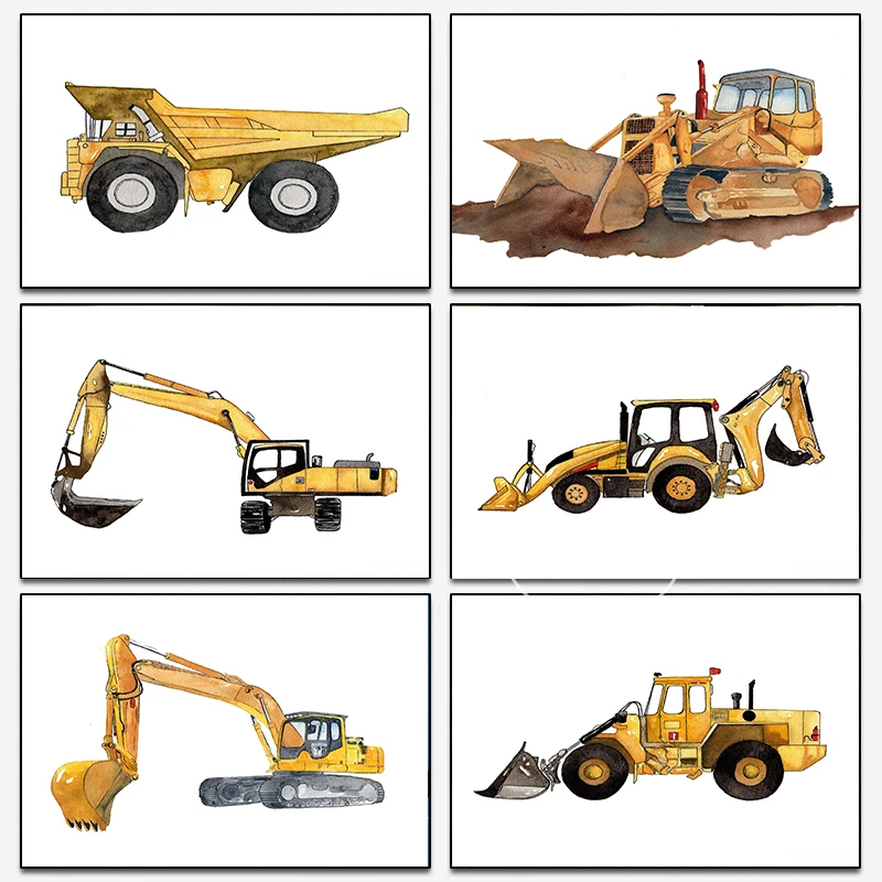 Watercolor Backhoe Loader Bulldozer Dump Truck Excavator Posters Canvas Painting and Prints Wall Art Pictures Living Room Decor