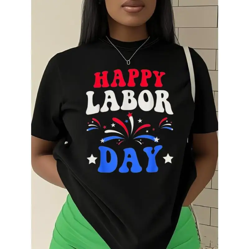 

Happy Labor Day T-Shirt Firework Celebration Print Tee Unisex Cotton Short Sleeve Top US Labor Day Party Gift