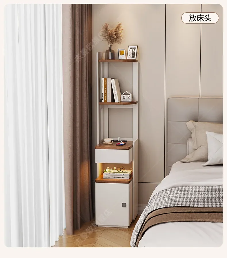 Smart bedside table Solid wood bookshelf Integrated household bedroom Narrow crevice cabinet with fingerprint lock Small shelf