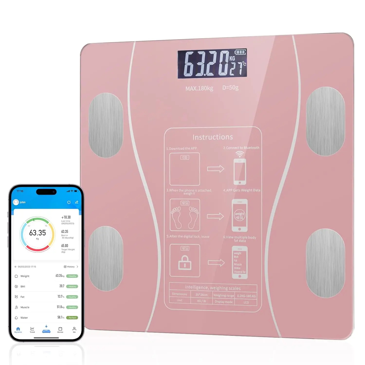 Digital Simple and Practical Body Fat Scale with Led Display Bathroom Scale with Smartphone App (Pink)