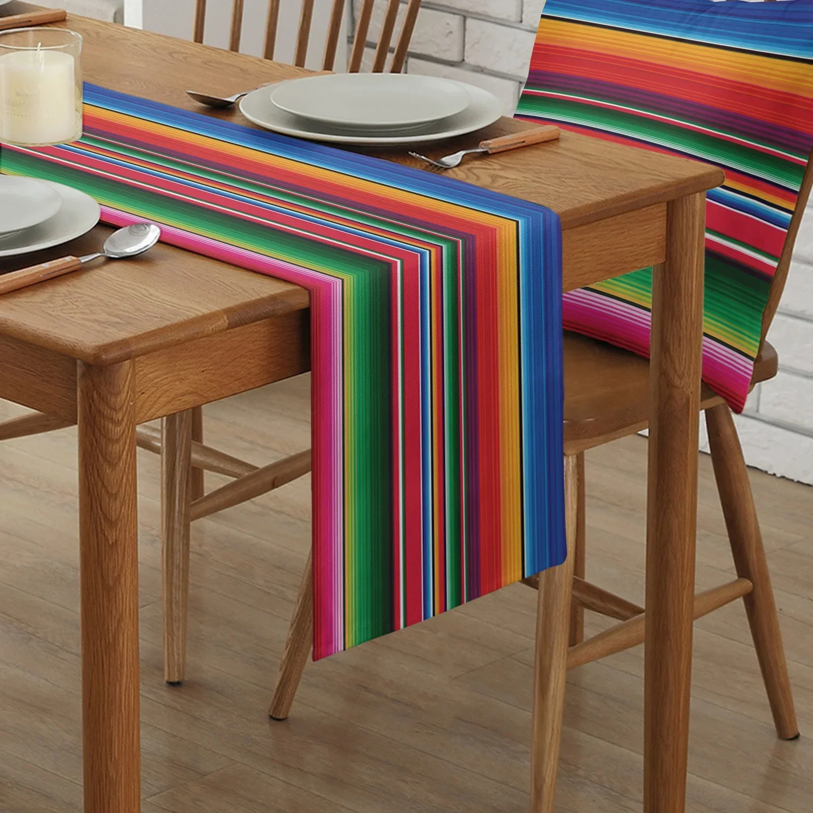 Mexican Serape Linen Table Runner Dresser Scarf Decor Colorful Striped Mexican Fiesta Day of The Dead Table Runner Party Decor