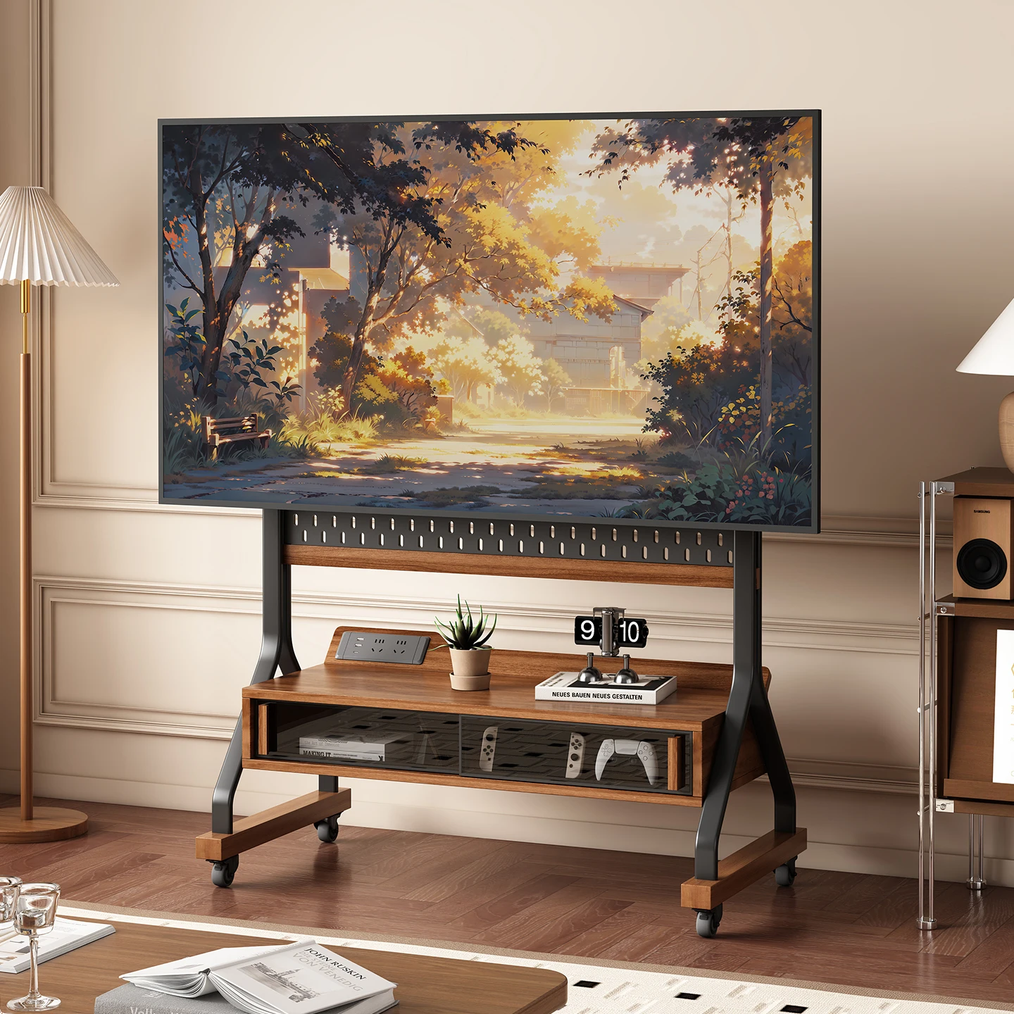 Solid wood removable TV cabinet living room household small apartment floor with wheel storage bracket