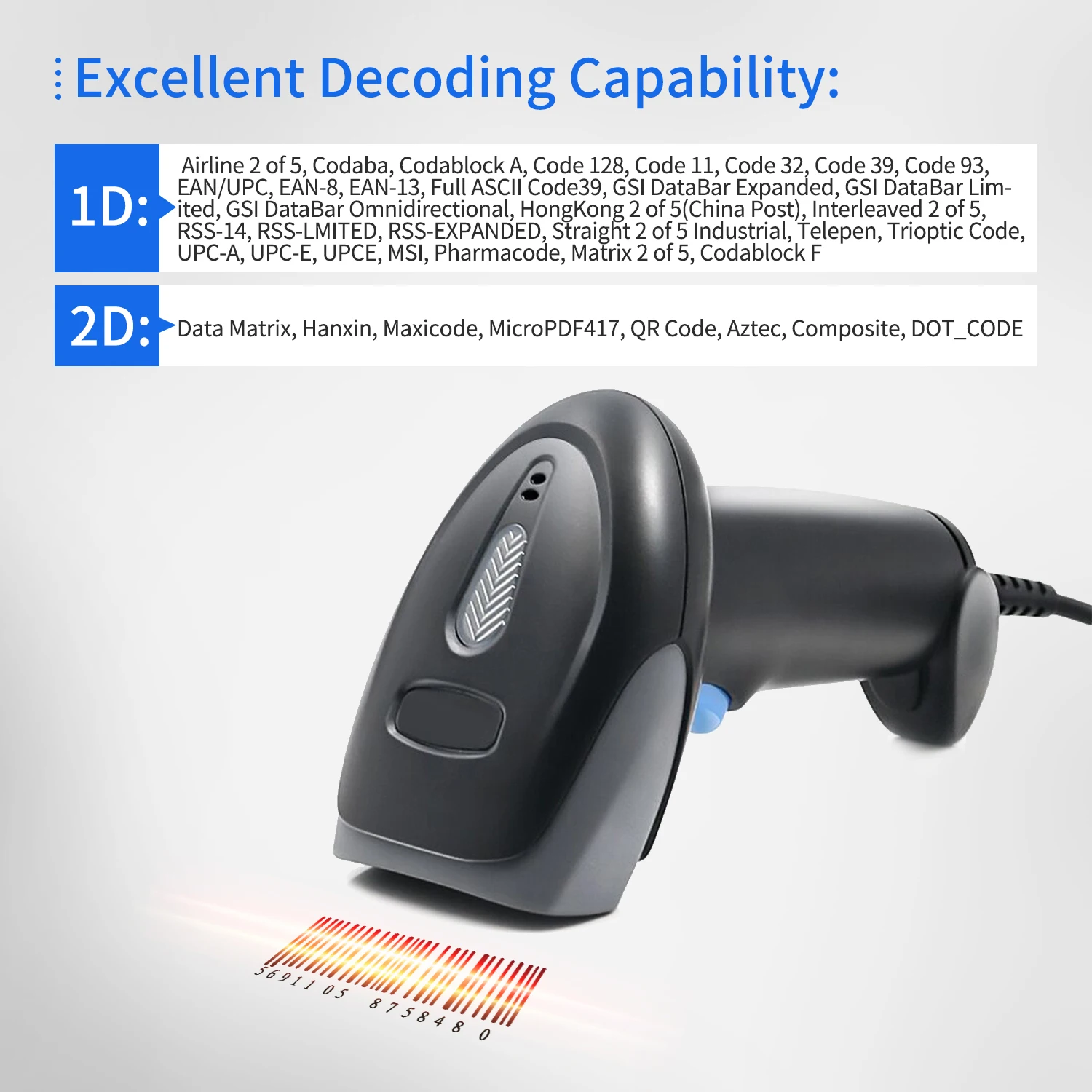 Handheld Barcode Scanner 1D/2D/QR Code Scanner 2.4G Wireless & USB Wired Bar Code Reader Compatible with Windows Mac Linux