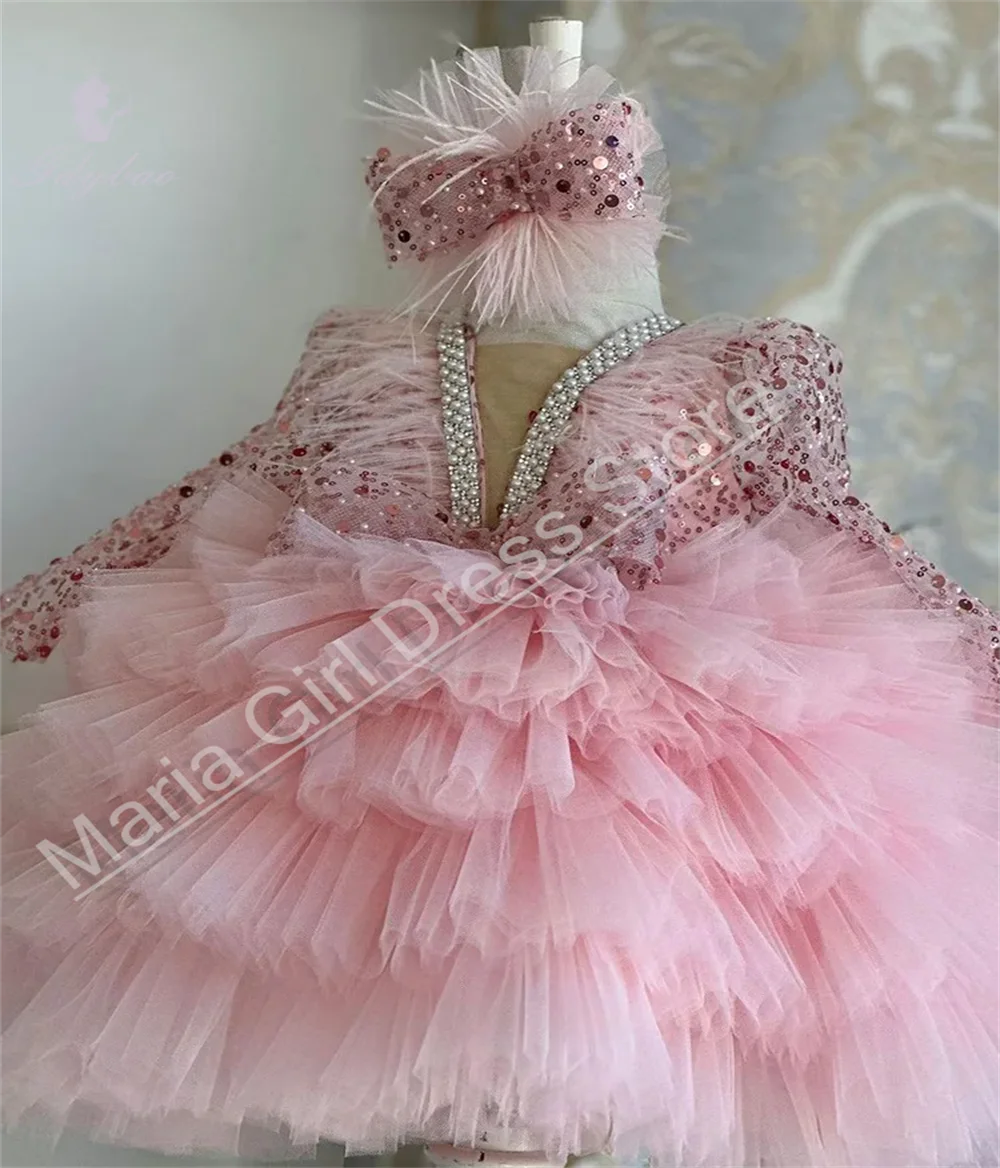 Beautiful Elegant Sequin Long Sleeved Girl's Dress Pink Feather Decoration Children's Piano Performance Runway Performance