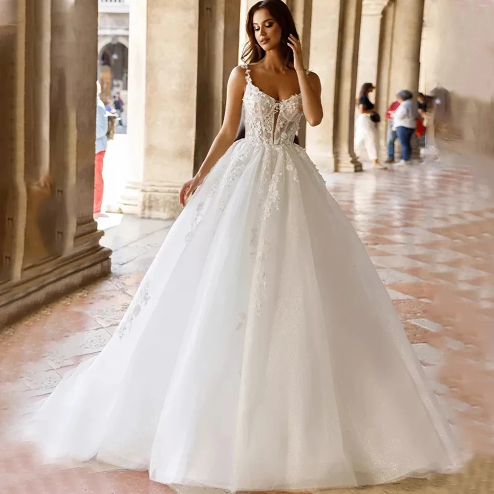 Abiti da sposa stile principessa soffici senza maniche con scollo quadrato sexy con spalle scoperte Abiti da sposa bianchi a trapezio con scollo a cuore personalizzati