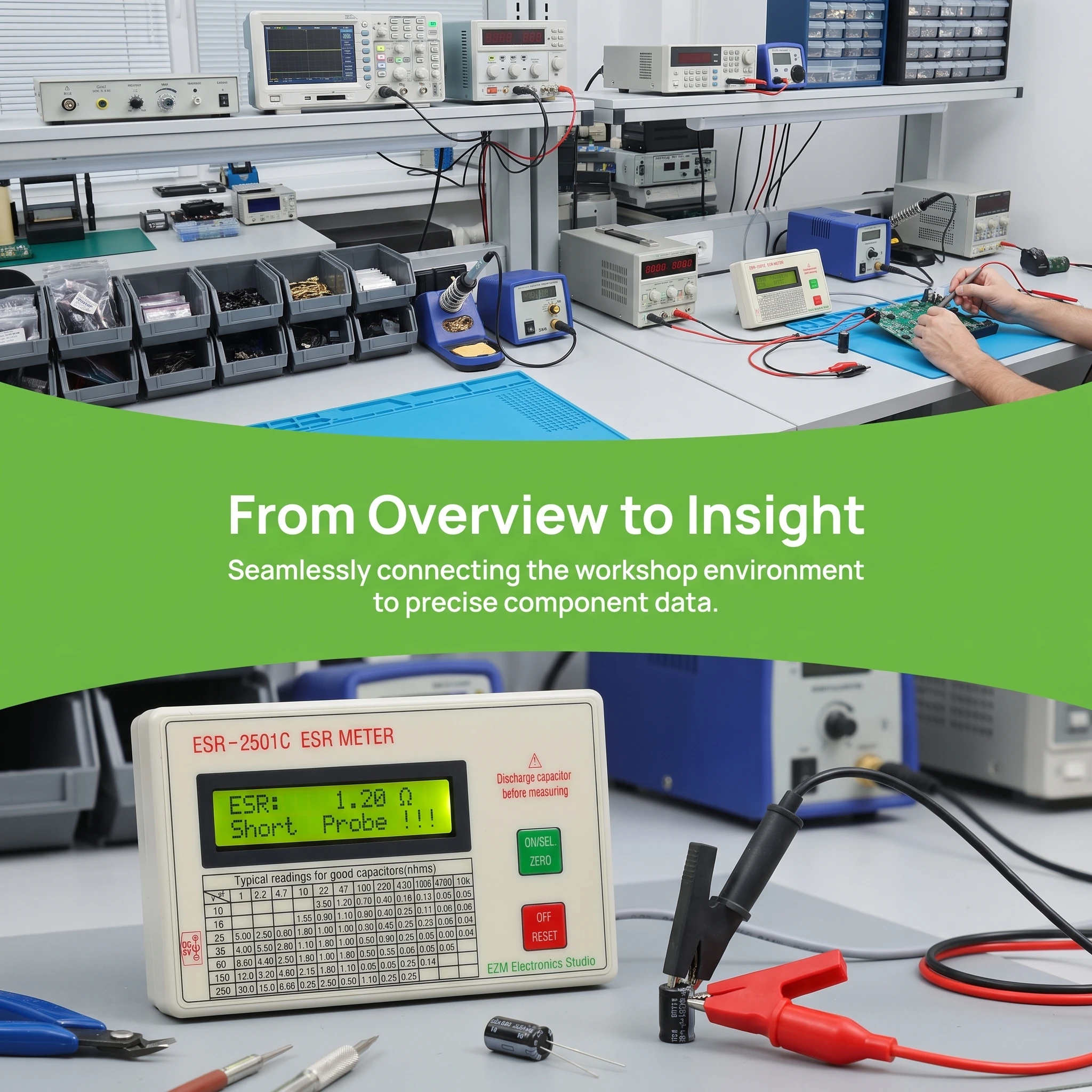 New ESR2501C Capacitor ESR DCR Tester Test In Circuit Capacitance Meter With Test Leads Clip Battery
