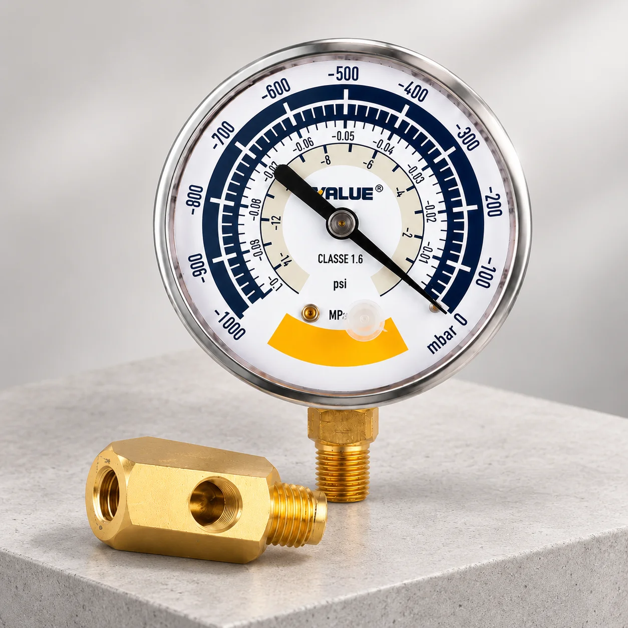 3-in-1 Vakuummessgerät-Set, 60 mm Mbar/MPa/Psi, Klasse 1.6, 1/8 Zoll NPT mit Messing-3-Wege-Adapter für HLK- und Kälteanlagen – Detail 9