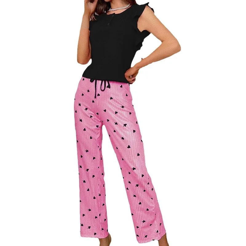 Loungewear da donna love printed pants ruffle edge casual pit strips può essere indossato al di fuori del pigiama europeo e americano