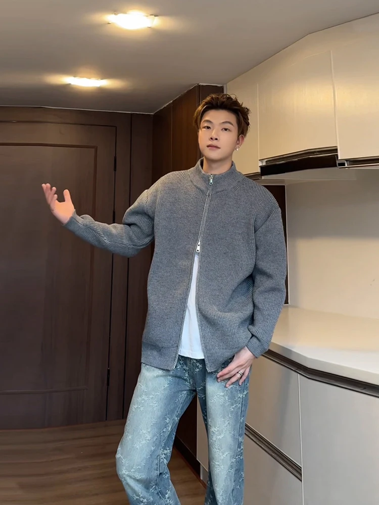 

ay Lazy Sle Men's Knitted Cardigan Sweater American Cleanfit Jaet Retro Double Zipper Loose Fit Autumn Winter Casual Wear