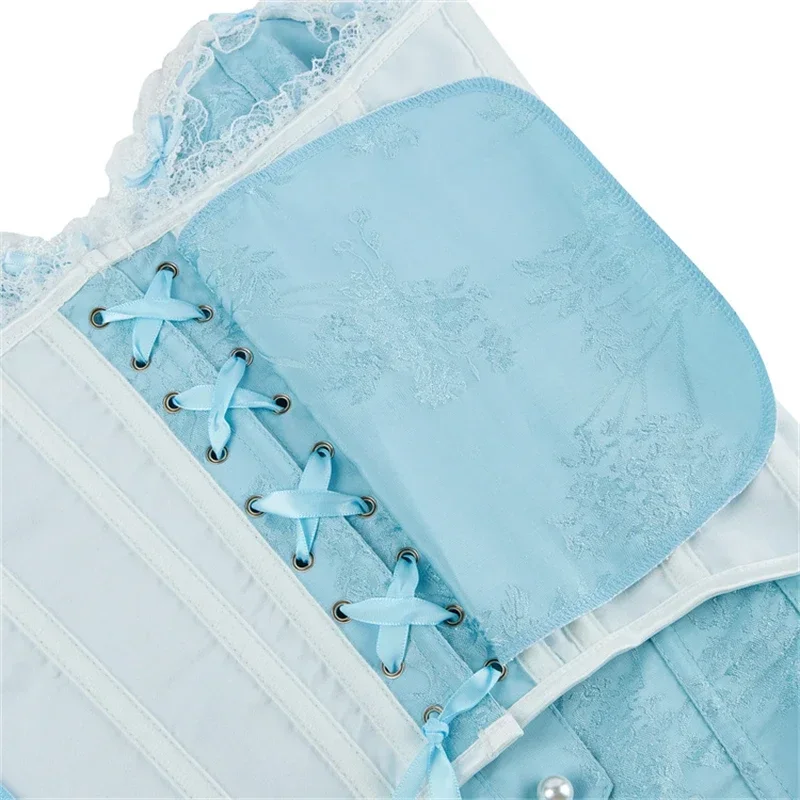 Sexy Sky Blue Vintage Jacquard Overbust Corset Pearl Buttons Lace Decorative Side Zipper Body Shaper Bustiers Tops