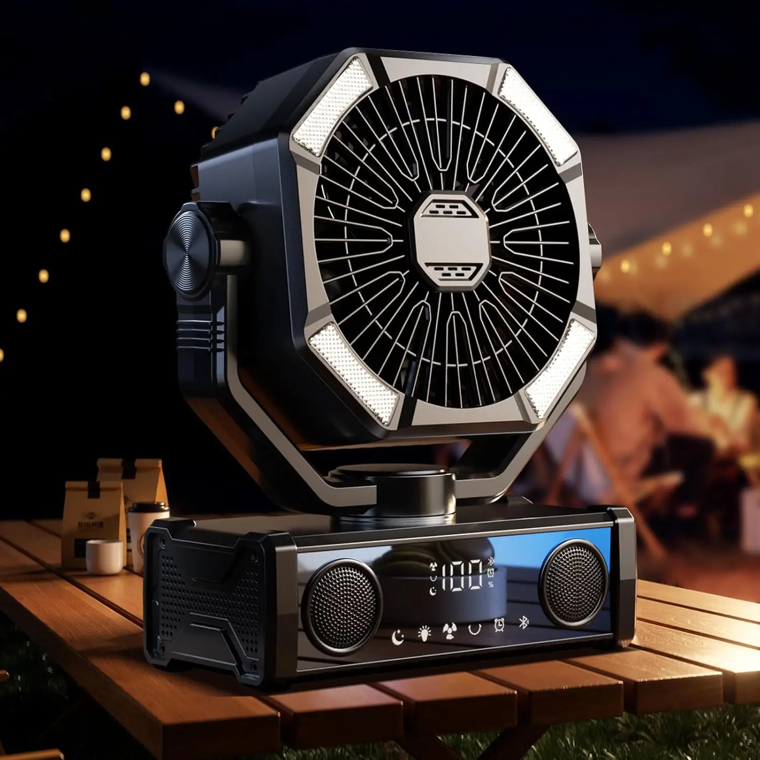 

Portable Rechargeable Fan with Bluetooth Speaker, 25000mAh Battery, 5 Speeds, LED Light & Remote for Camping Travel