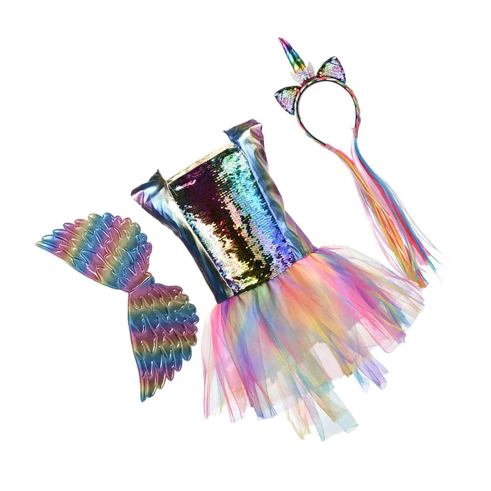 

Unicorn Tulle Dress Rainbow Sequins Baby Girl Outfit Cosplay Costume Halloween Apparel Skirt Set Wing Hairband