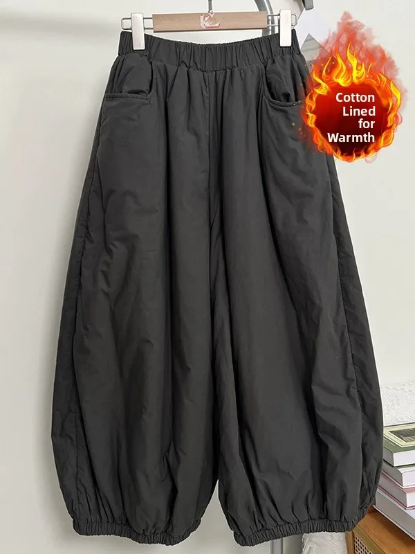Thened القطن واسعة الساق فانوس السراويل فضفاضة حجم كبير المرأة عارضة السراويل القطنية الدافئة الشتاء Faion مرونة الخصر سولي...
