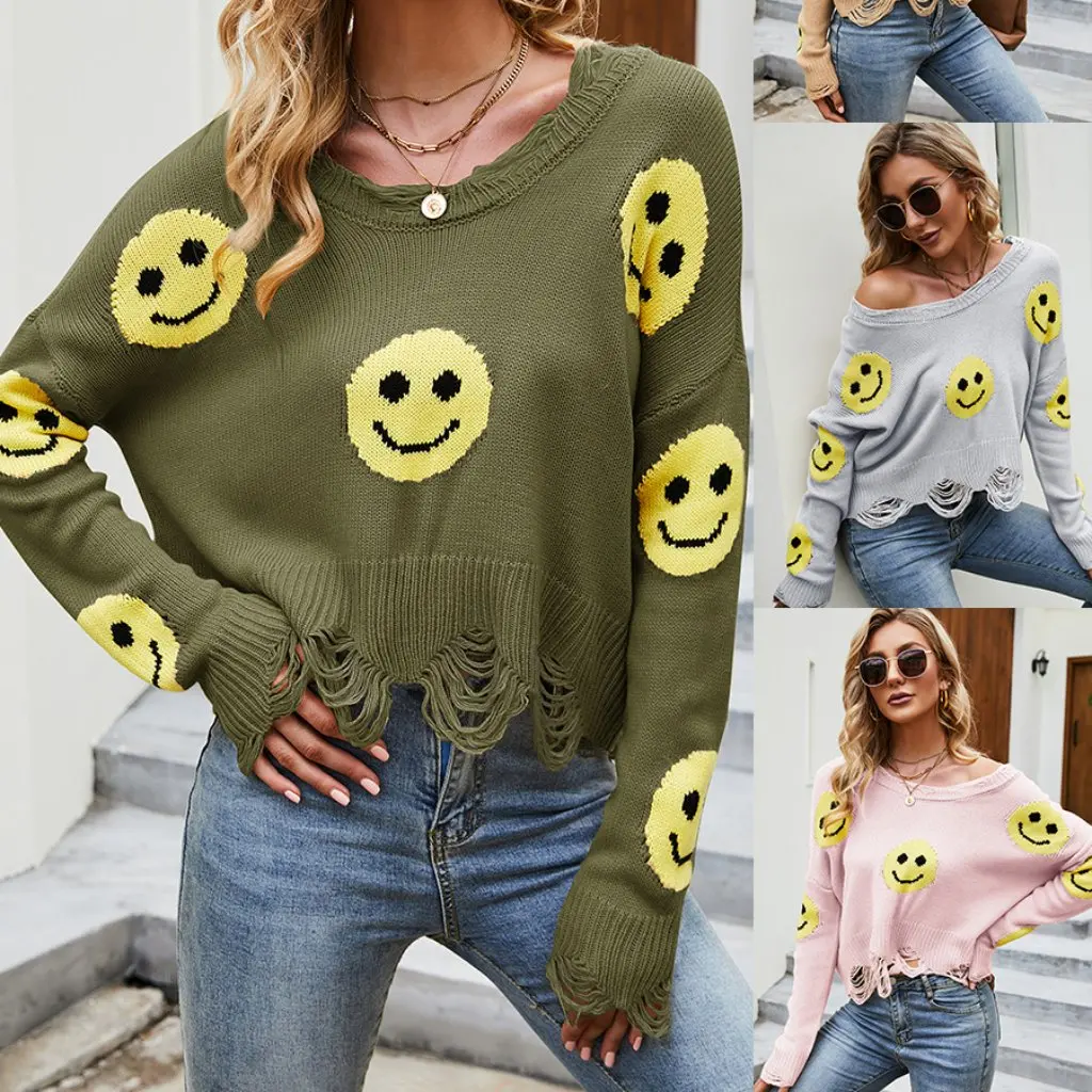 

Women's Ripped Pullover Knitted Sweater V-Neck Long Sleeve Cute Smiley Design Autumn Winter New Loose Fit Fashionable Top