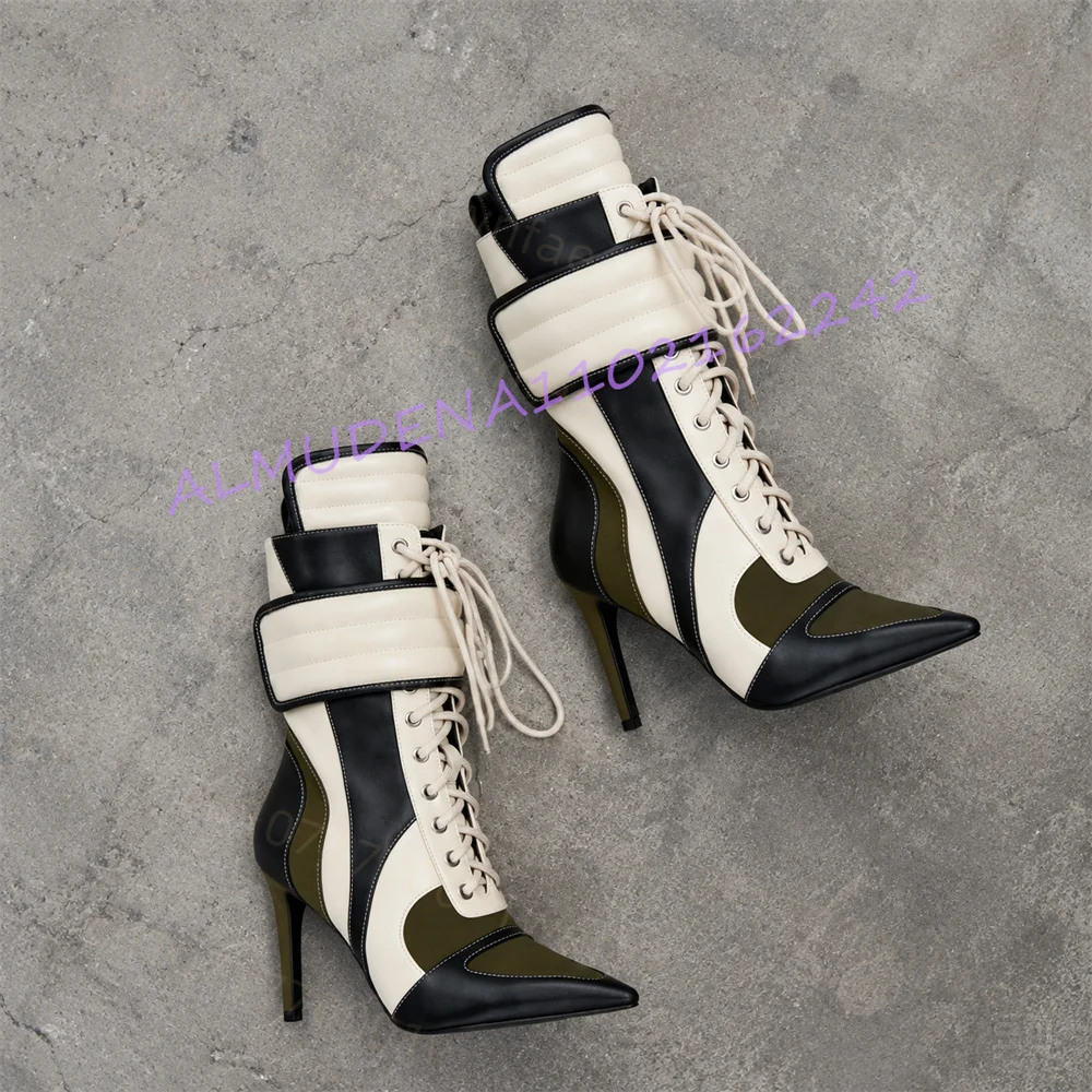 Women Black White Mid Calf Boots Pointed Toe Lace Up High Heel Boots Color Block Side Zipper Leather Look Party Fashion Shoe 46s