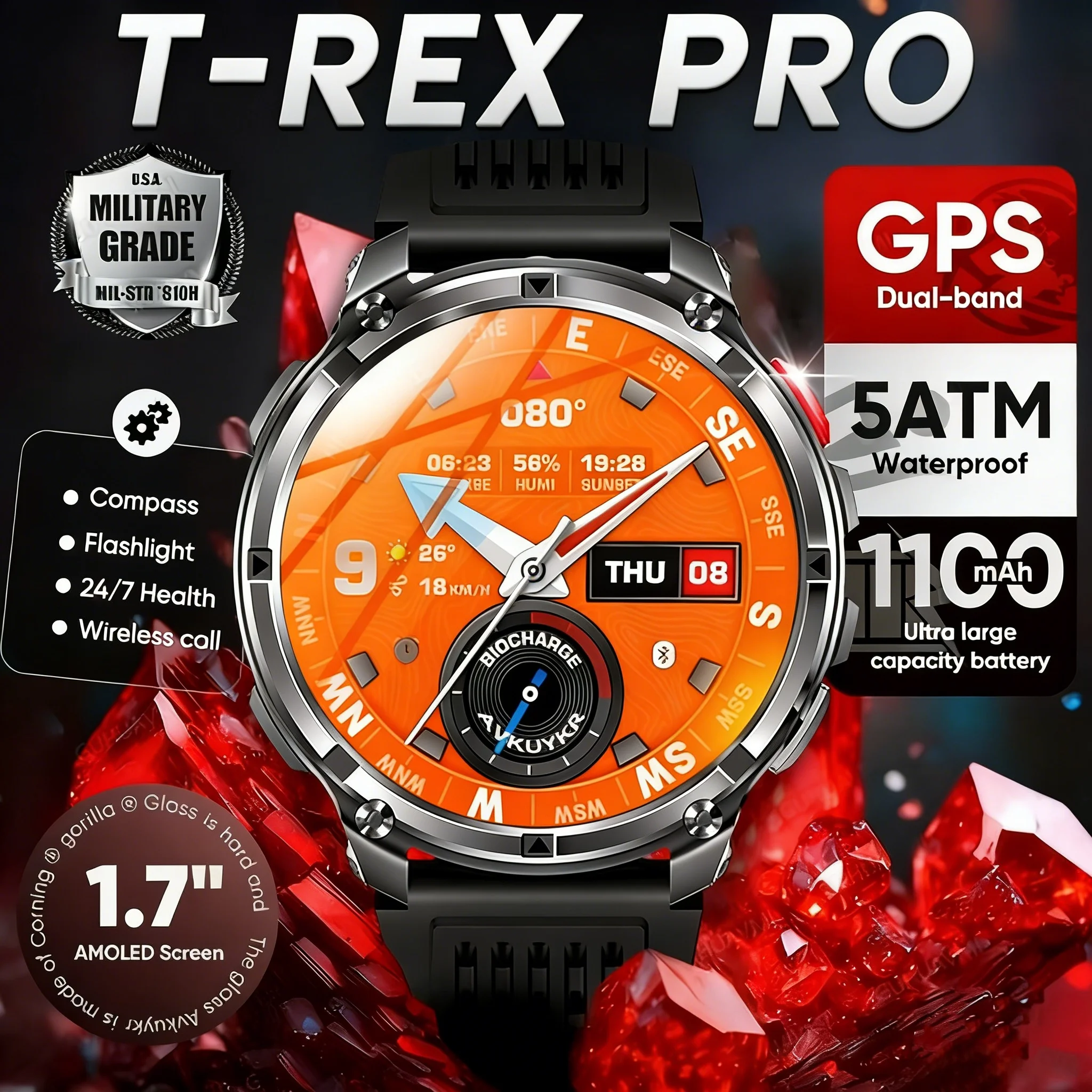 

Смарт-часы 2026 T-Rex3 Ultra с аккумулятором 1100 мАч, GPS-трекером, компасом, водонепроницаемостью IP69K, спортивный трекер для активного отдыха, военные смарт-часы