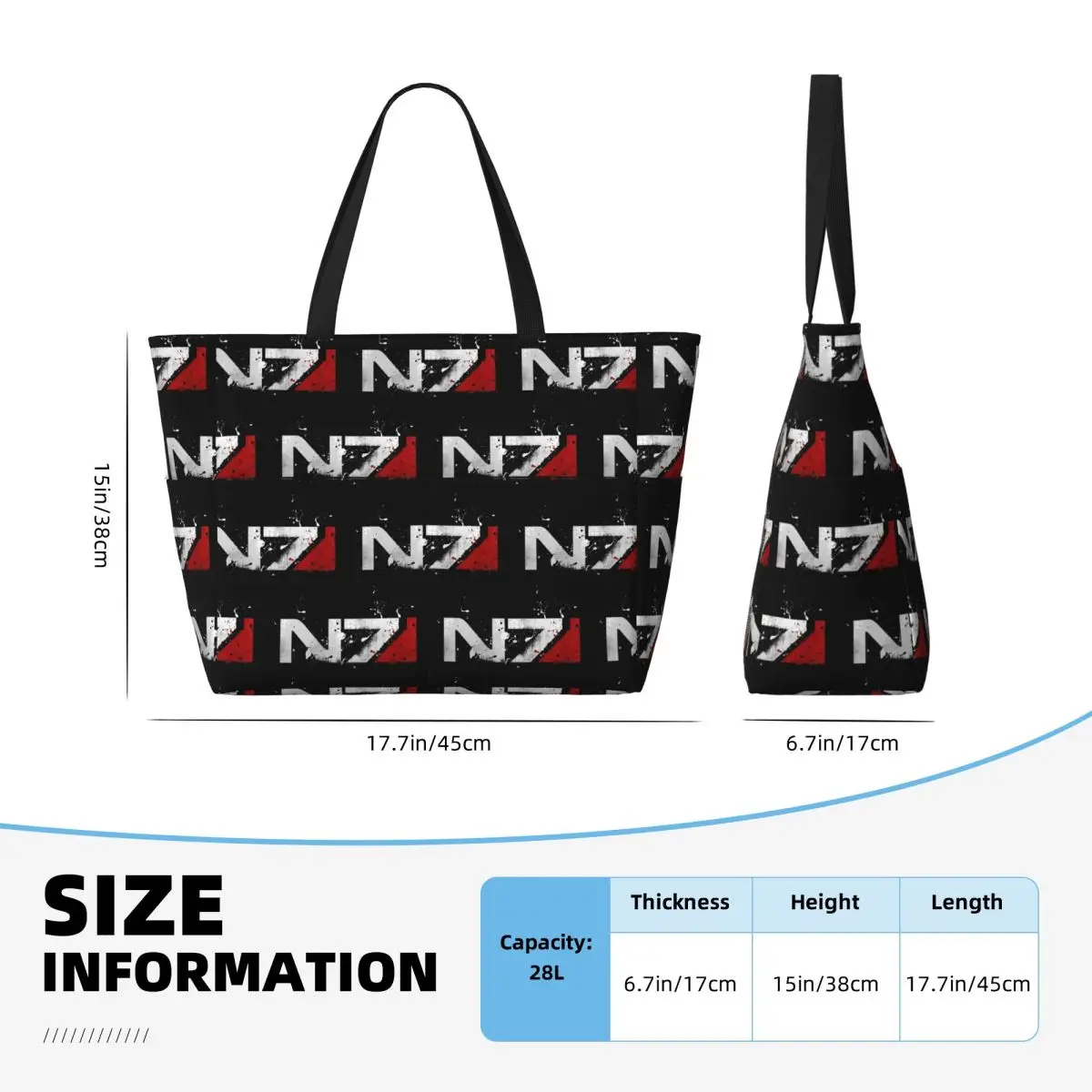 Mass Effect Distressed N7 Beach Tote Bag Sport Gym Yoga Duffle Large Tote Bag Women Travel Bag Fitness bag