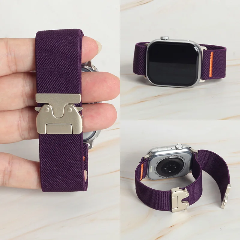 Side Release Buckle Elastic Nylon Strap For Apple Watch Series 11 10 9 8 7 6 5 SE Ultra Fits 49-38mm Orange Thread Breathable