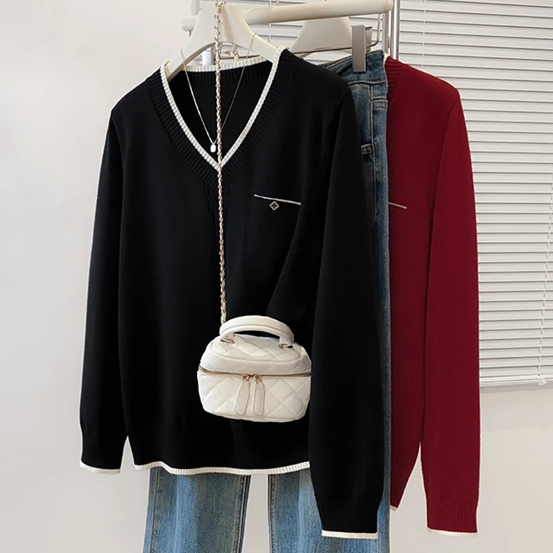 Camisola de malha de grandes dimensões pulôver feminino 2026 primavera manga longa com decote em v malhas topos elegante vintage chique senhoras jumpers