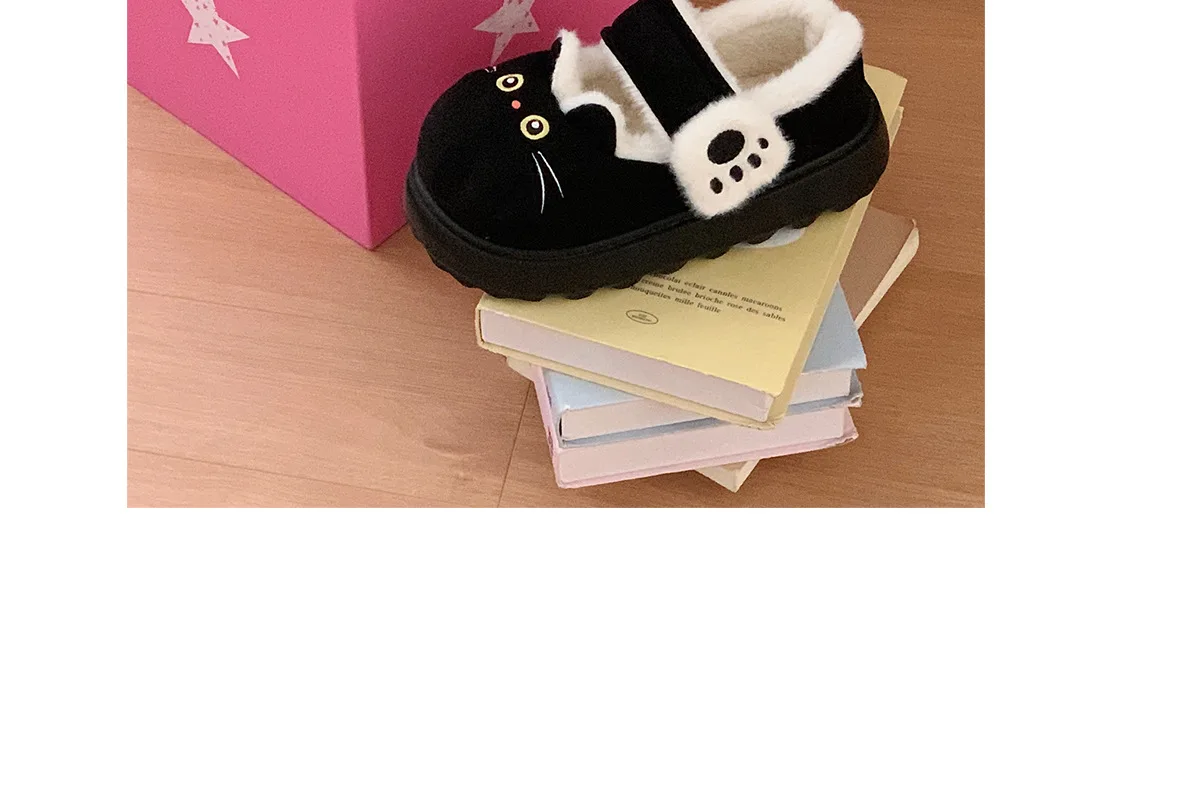 Neue schwarze flauschige Katzenpantoffeln für Damen, bezaubernde Tier-Schuhe, flauschige Hausschuhe, Damen-Winter-Plüsch-Mary-Jane-Slipper. – Detail 20
