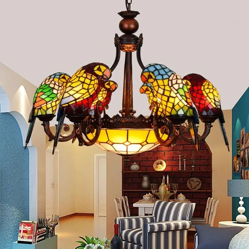 Colorful Glass Retro Parrot Pendant American Countryside Living Room Bar Villa Multi Head Glass Lamp