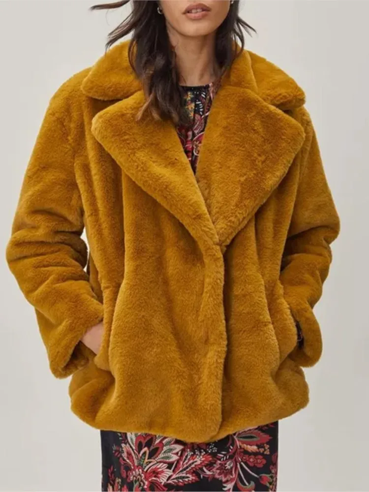 2023 Fall Winter Thick Warm Women Faux Fur Jacket Turn Down Collar Pockets Caramel Rabbit Fur Coat Female Thickened Outerwear