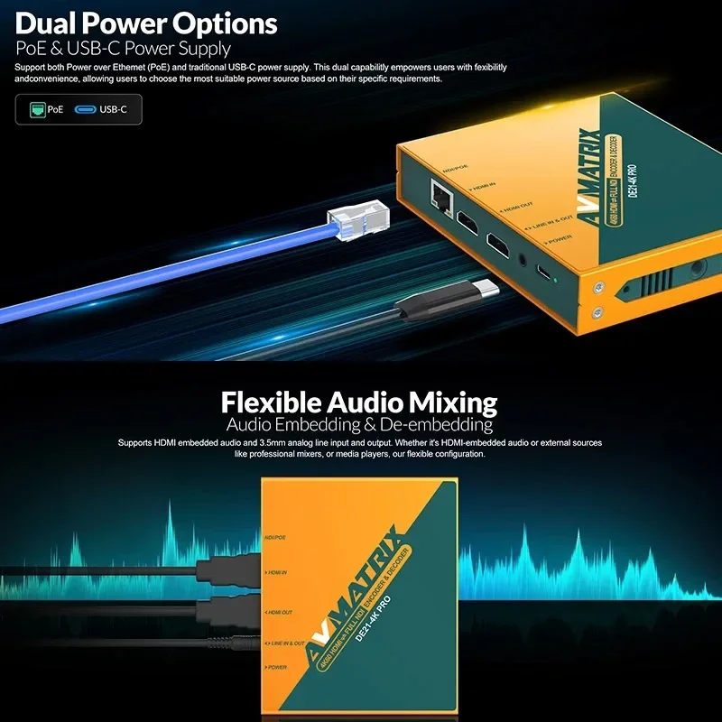 AVMATRIX DE21-4K PRO High Bidirectional Transfer HDMI-compatible/FULLNDl Bidirectional Conversion with Tally Lndicator PoE &amp