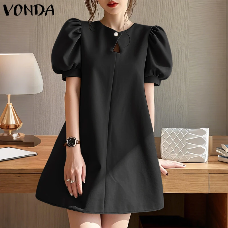 VONDA élégant Mini robes 2025 femmes été à manches courtes Robe d'été mode manches bouffantes évider décontracté solide Robe coréenne