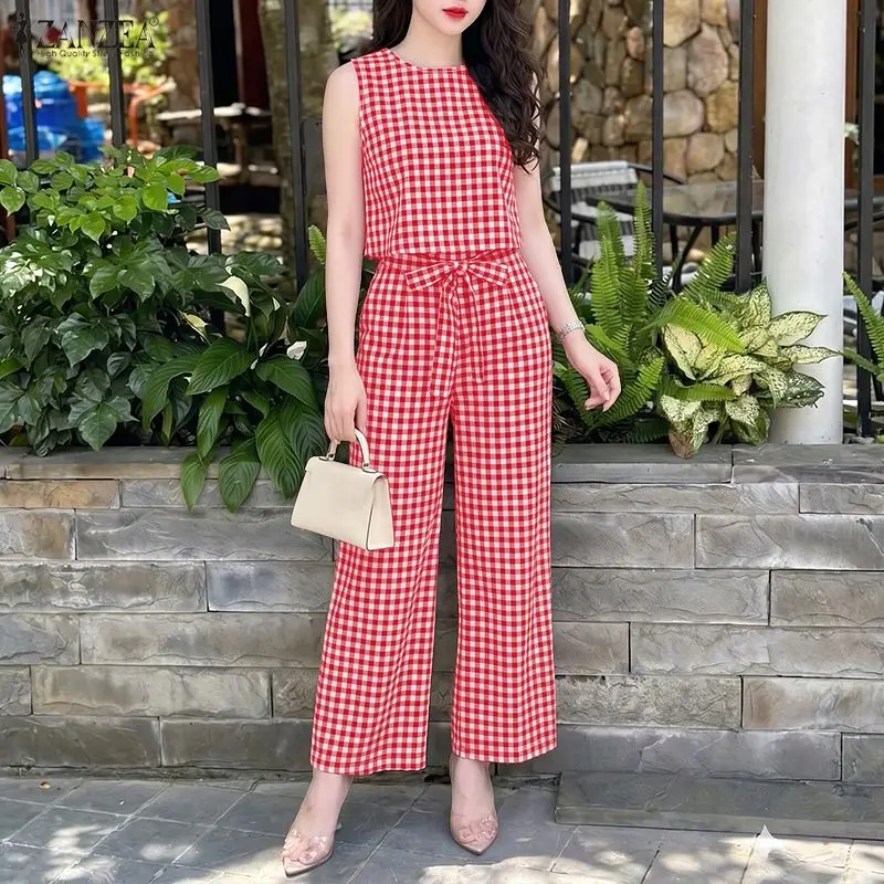 Women Summer Gingham 2 Piece Pant Sets O-Neck Tank Top & Belted Pant Suits ZANZEA Casual Everyday Wear Commute 2pcs Sets Outfits