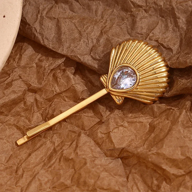 

Loe | 18k Gold Stainless Steel Hair Clips for Women Zircon Scallop Hairpin High Quality Charms New