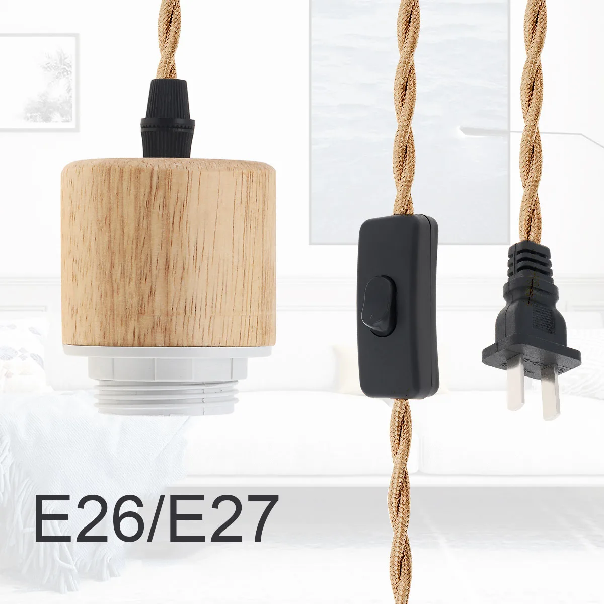 E26/E27 Wood Pendant Light Cord Kit with Switch Wire for Farmhouse Home Loft Home Creative Decoration