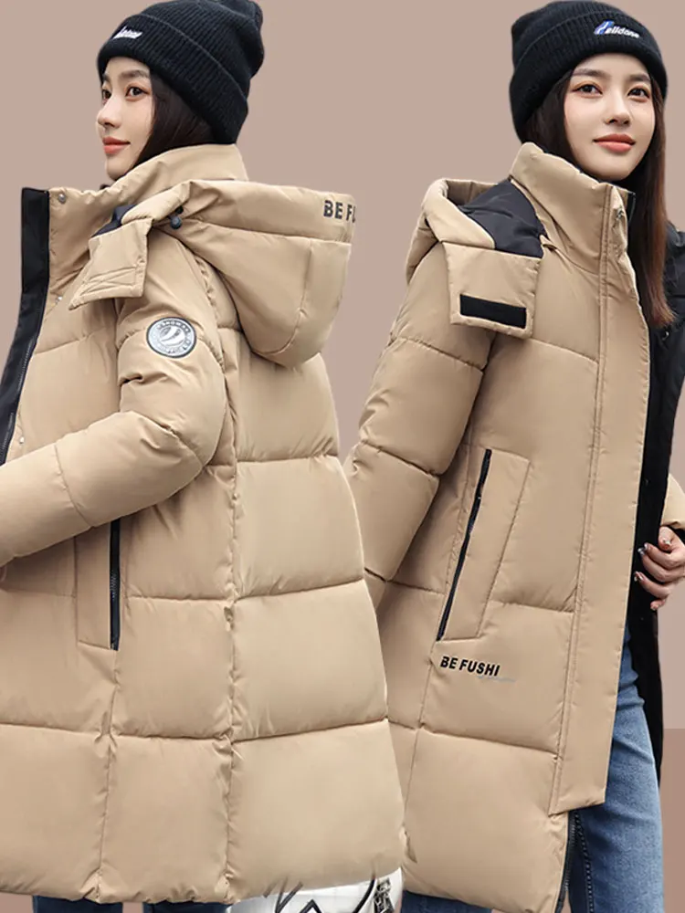 Jaet de algodón para mujer, abrigo de invierno holgado de longitud media, ropa de abrigo informal acolchada de algodón para mujer, cremallera de cuello alto