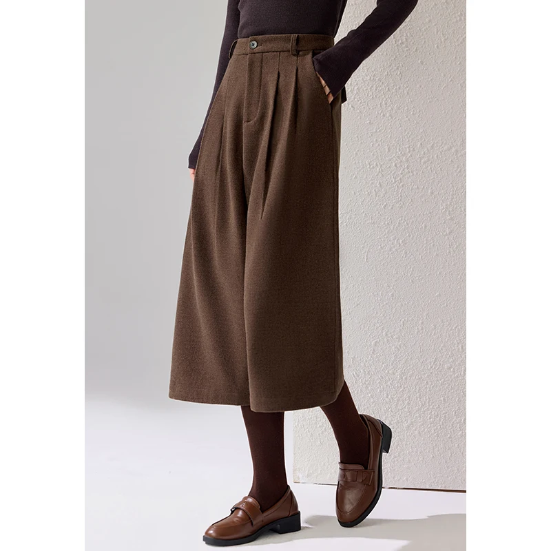 Women's High Waist Pleated Wool Blend Culottes Wide Leg Cropped Midi Trousers for Fall Winter