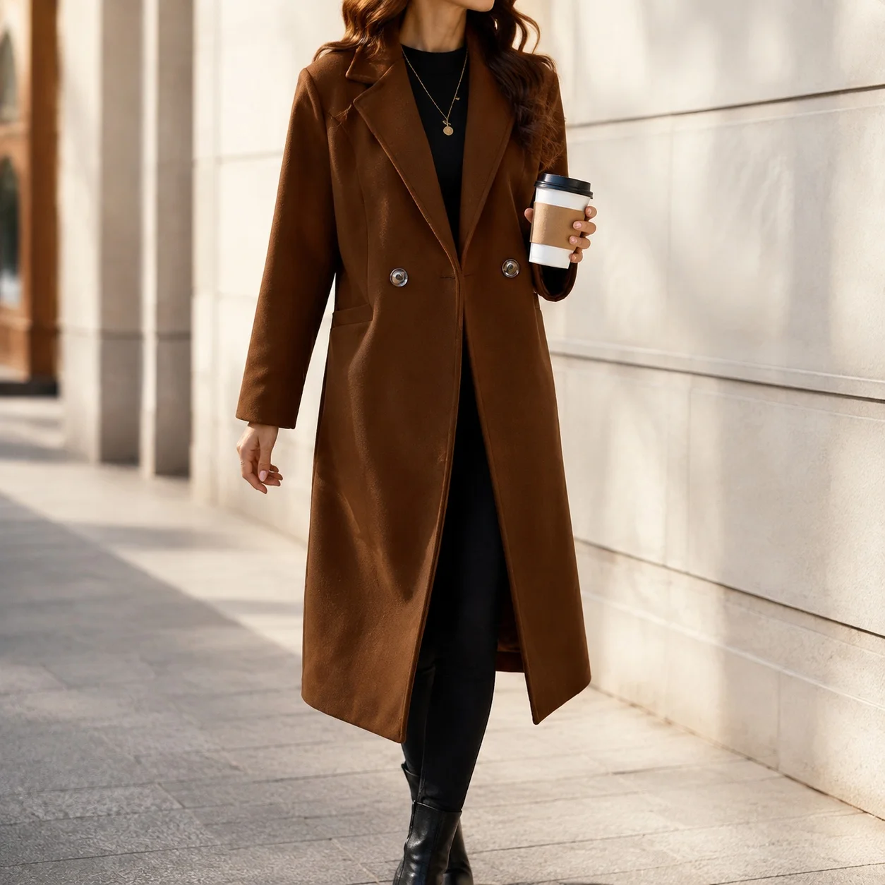 Long Sleeve Notched Lapel Coat with Slim Fit Commuter Chic Women Coat Regular Length Turn Down Collar Pockets Thick Winter