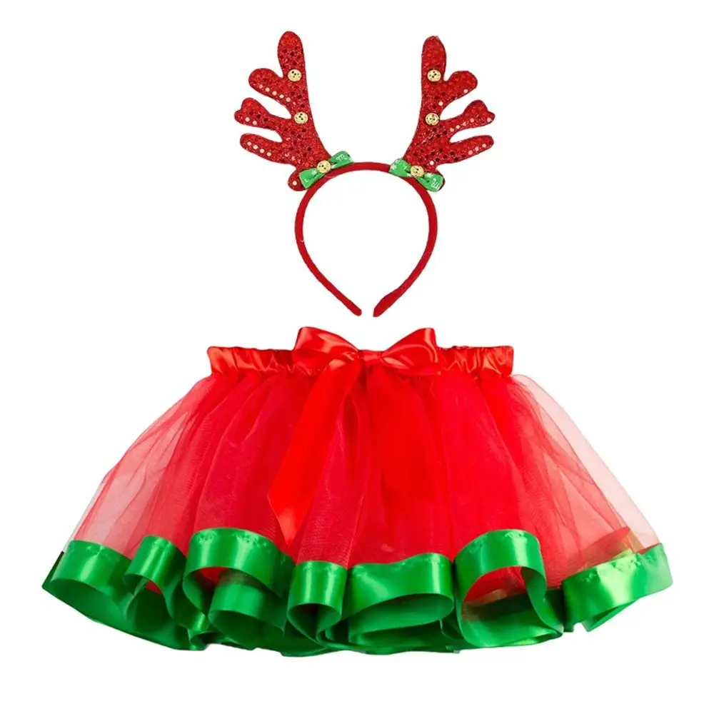 Cute Christmas TUTU Skirt Set for Kids 2-Piece Set Party Children's Tulle Skirt for Height 80-140cm Antler Headband