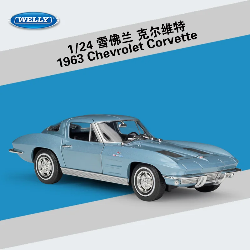 Welly 1:24 Chevy 1963 Corvette Corvette Sports Car Imitation Alloy Model Toy Gift Collection Display