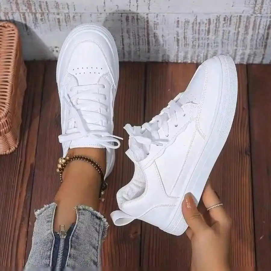 Women's/Men's All White Casual Sneakers, Breathable Lace-Up Platform Shoes, Fashion Daily Walking Sneakers for All Seasons