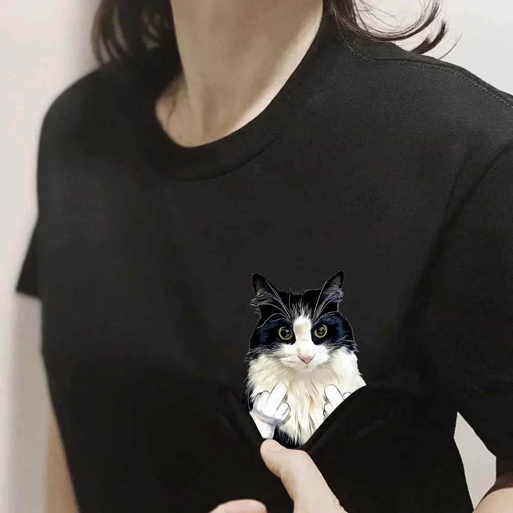 CLOOCL Cow Cat Cotton T-Shirts Funny Cats Double Middle Finger Print Pocket T-shirt High-quality Mens Women Short Sleeve Shirts