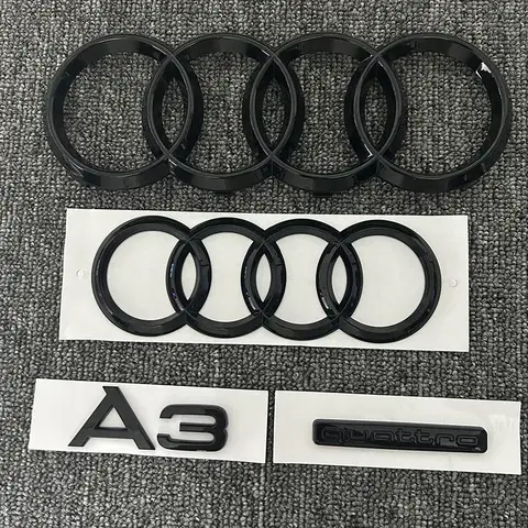 아우디 2010-2020 A3 4 링 로고, ABS 블랙 자동차 후드, 전면 보넷 그릴, 후면 트렁크 엠블럼, 배지 스티커, A3 마크 쿼르토 엠블럼