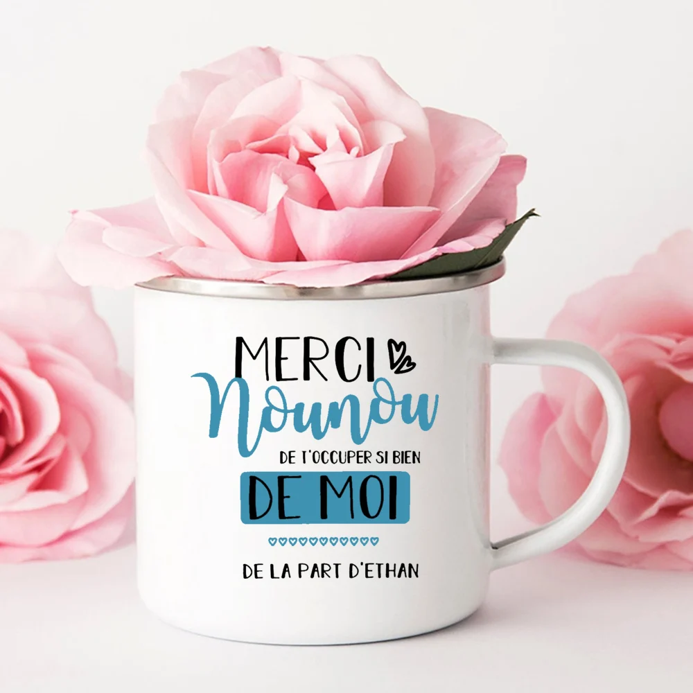 Merci Nounou Printed Mugs Creative Coffee Tea Cups Drink Water Milk Cup Enamel Mug School Home Handle Drinkware Gifts for Nounou