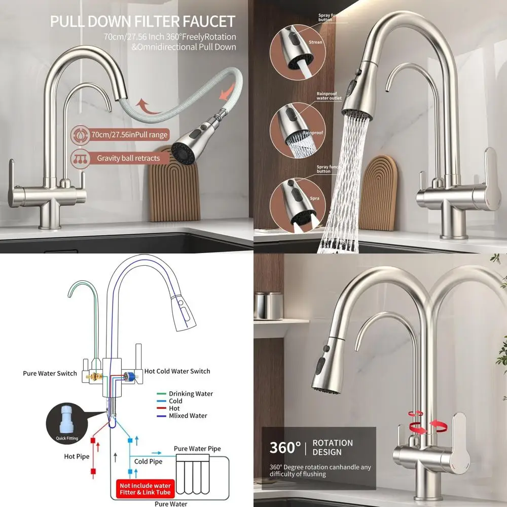 

Dual-Handle 3-in-1 Brushed Nickel Kitchen Sink Faucet with Pull-Down Spray and Filter