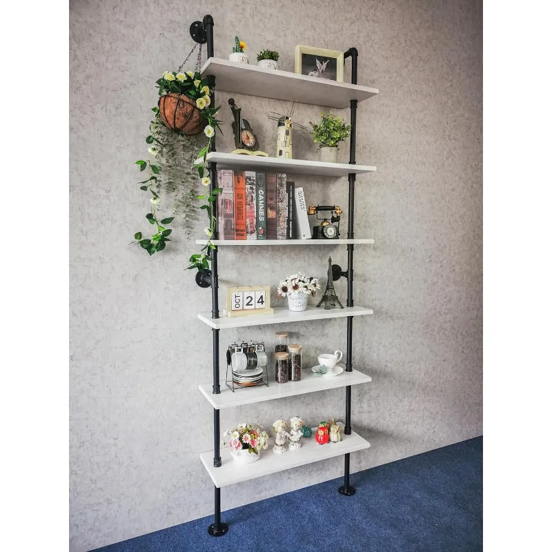 Pipe Shelves, Wall Mounted Wood Metal Industrial Shelves, Ladder Bookshelf for Living Room