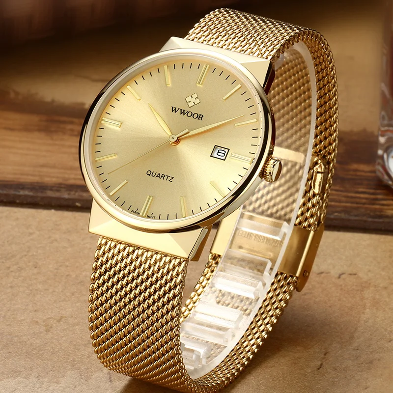 Luxury Gold Men Watch WWOOR Fashion Watch For Men Waterproof Slim Stainless Steel Mesh Mens Quartz Wrist Watch Relogio Masculino