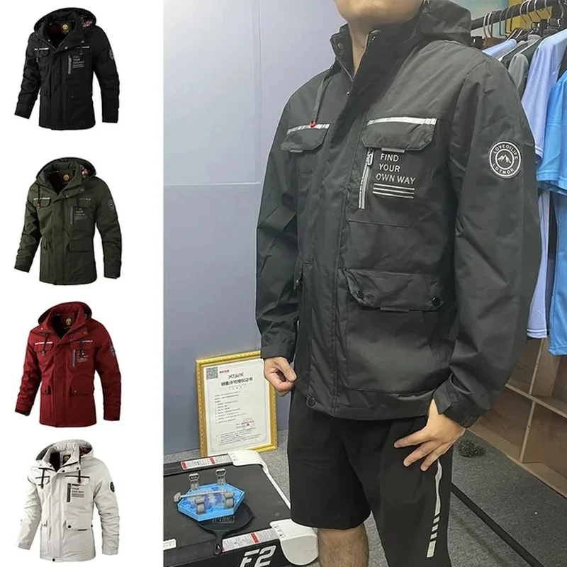 Men's Outdoor Sports Spring And Autumn Cross-Country Camping Hooded Jacket Casual Fashion Premium Slim-Fit Soft-Shell Jacket 6XL