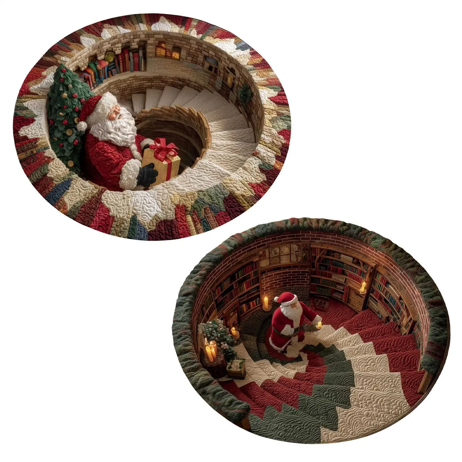 Christmas 3D Optical Illusion Round Rug Crystal Velvet Non Slip Backing 80x80 cm Santa Claus Print Holiday Decorative Floor Mat