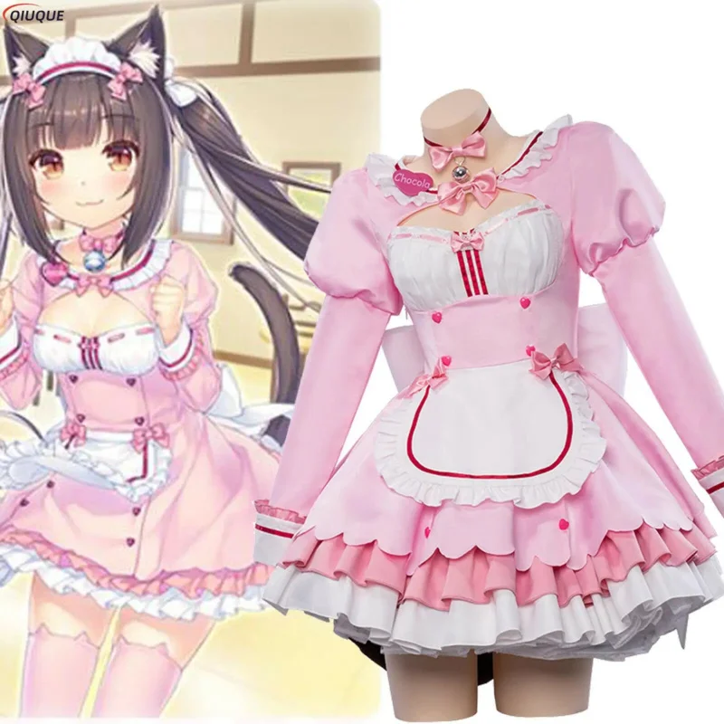 Nekopara ชุดแม่บ้านโลลิต้าชุดคอสเพลย์ผู้หญิงช็อคโกแลตมีแถบคาดศีรษะสีชมพูที่คาดผมหูแมวชุดผู้หญิง