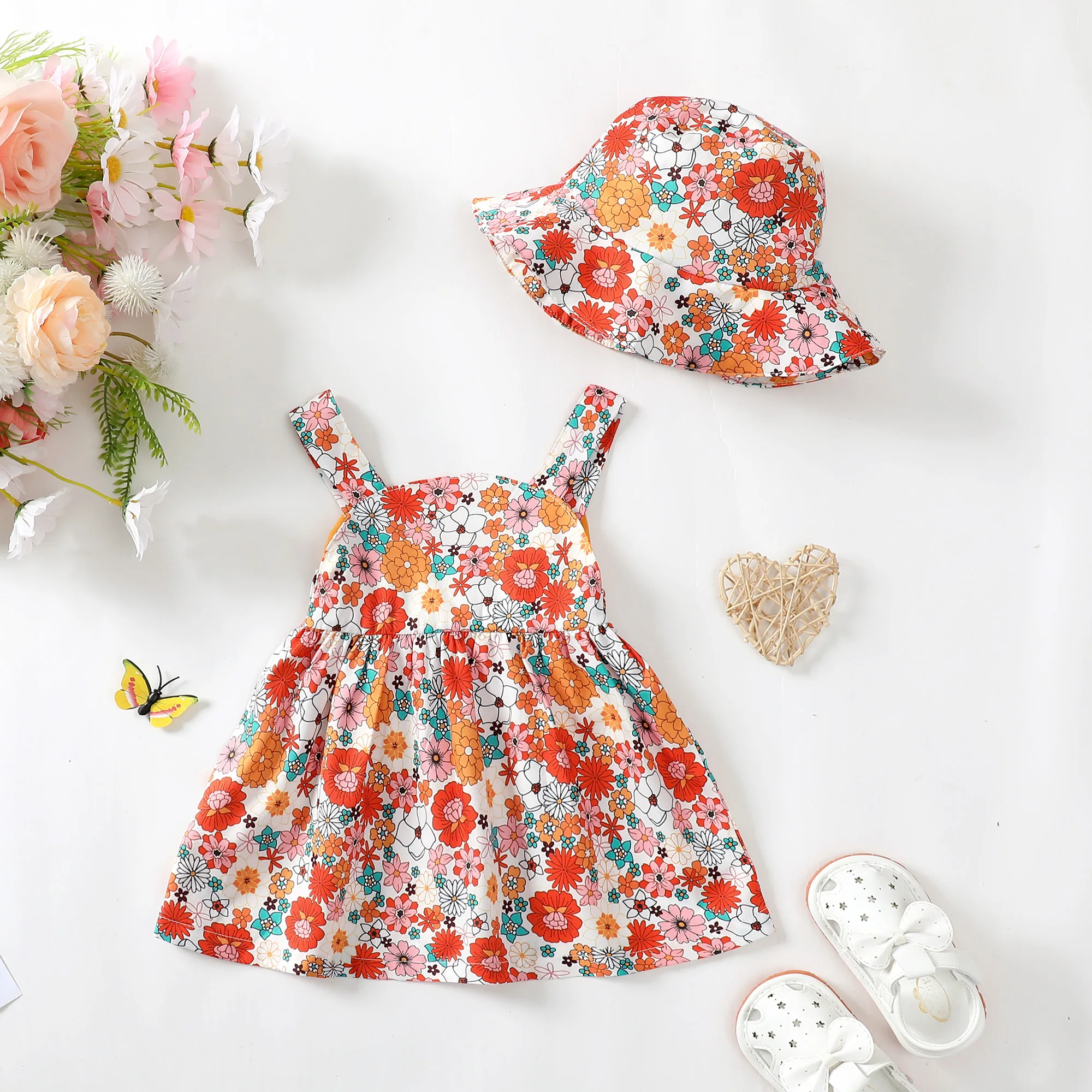 4 Color /2PCS Dress Clothes Set Baby Girl Flower Sleeveless Dress with Bow+Hat Summer Fashion Cute Wear for Toddlers Age 0-3