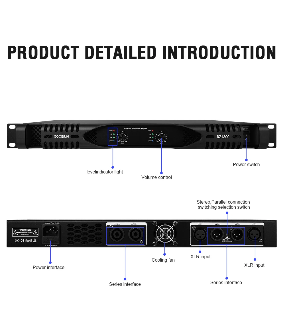 Gooermi DZ1300 1U مضخم رقمي 2 قناة 2*2000 واط مكبر كهربائي نظام صوت ستيريو برو الصوت فئة D مكبر للصوت للمرحلة #6